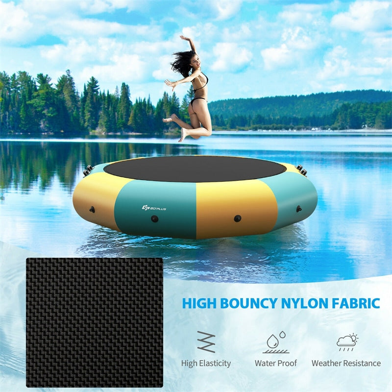 10FT Inflatable Water Trampoline Recreational Water Bouncer with 500W Electric Inflator & 3-Step Rope Ladder, Floating Trampoline for Lakes Pools