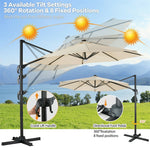 10 FT Patio Cantilever Tilt Umbrella Offset Umbrella with Solar Lights & Crossed Base