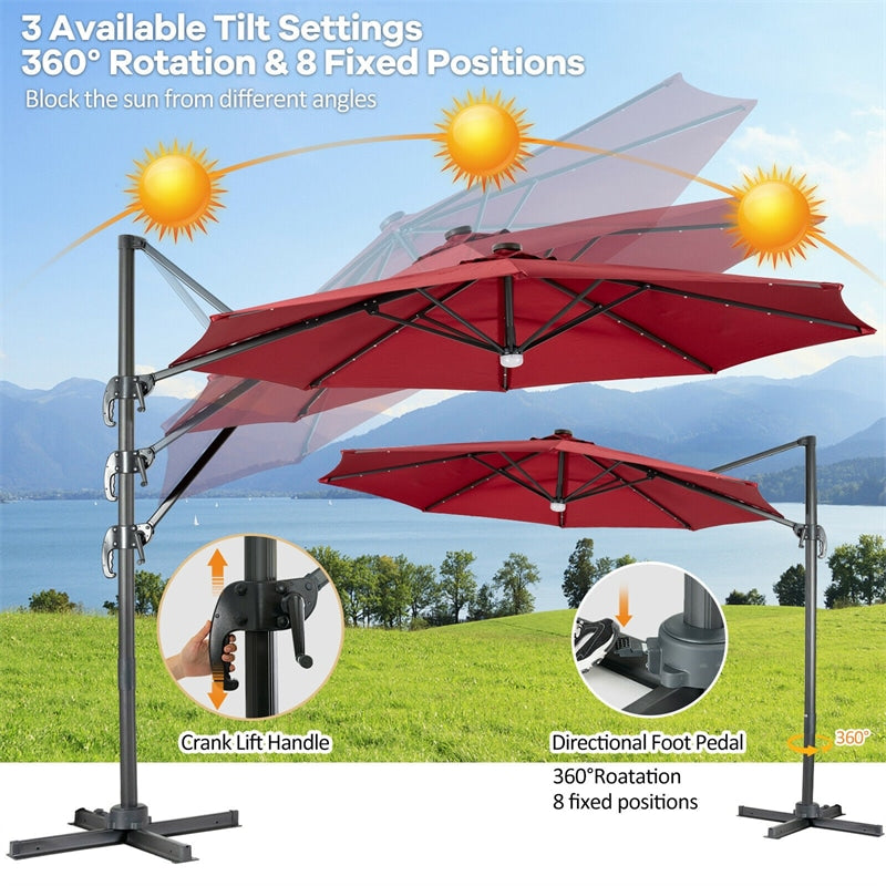 10 FT Patio Cantilever Tilt Umbrella Offset Umbrella with Solar Lights & Crossed Base