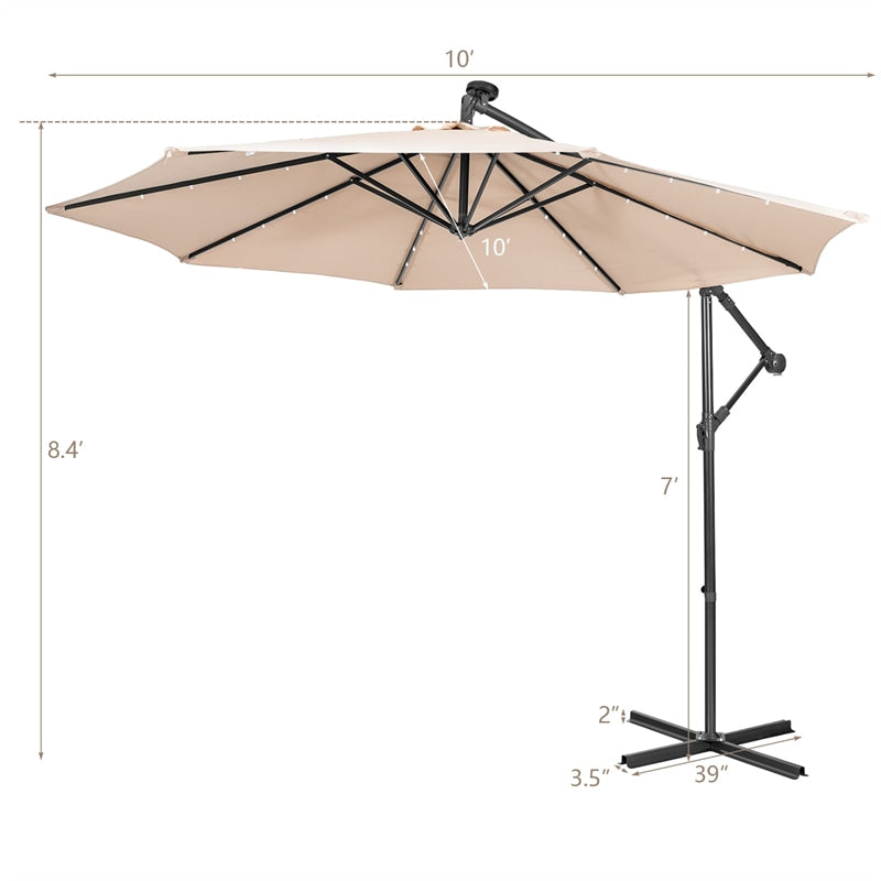 10 Ft Outdoor Cantilever Umbrella Solar Powered Offset Patio Umbrella with 32 LED Lights & Tilting Adjustment