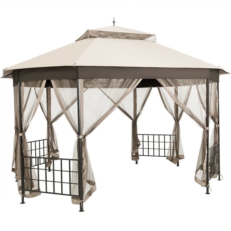 10’ x 12’ Patio Gazebo Canopy Heavy Duty Octagon Outdoor Gazebo with Netting Sidewalls & 2-Tier Ventilated Roof