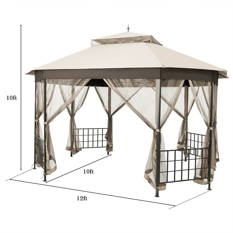 10’ x 12’ Heavy Duty Double Roof Octagonal Patio Gazebo Canopy with Netting Sidewalls
