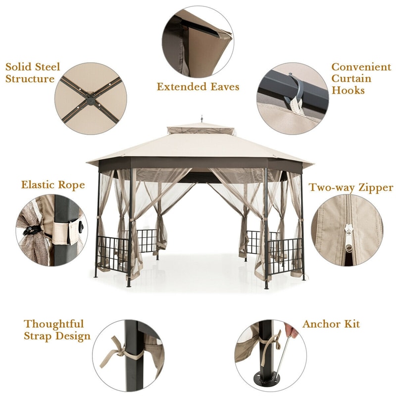 10’ x 12’ Patio Gazebo Canopy Heavy Duty Octagon Outdoor Gazebo with Netting Sidewalls & 2-Tier Ventilated Roof