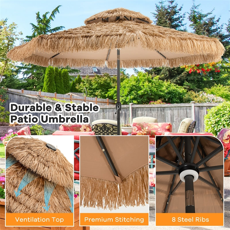10ft 2 Tier Hawaiian Style Lighted Thatched Tiki Patio Umbrella for Beach