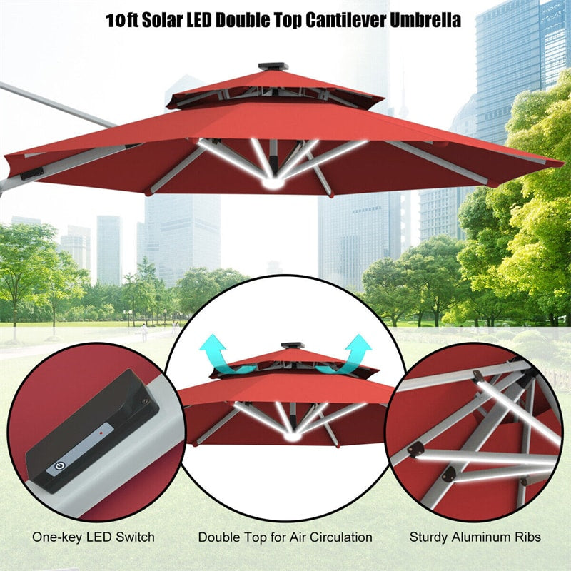 10ft Double Top Cantilever Umbrella Solar LED Hanging Offset Patio Umbrella without Weighted Base