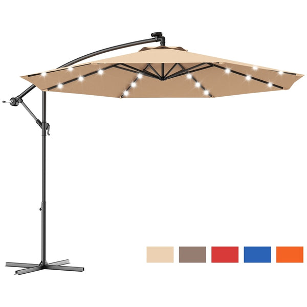 10' Solar LED Offset Patio Umbrella Hanging Market Umbrella Sun Shade with Heavy-Duty Cross Base - Bestoutdor