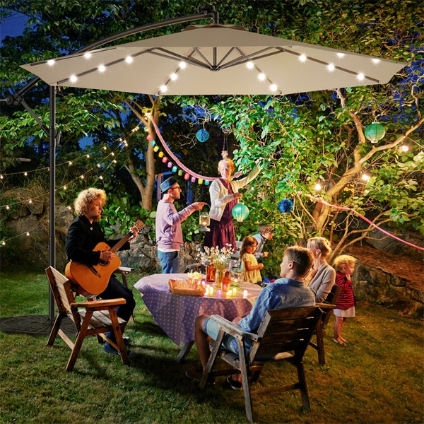 10' Solar LED Offset Patio Umbrella Hanging Market Umbrella Sun Shade with Heavy-Duty Cross Base - Bestoutdor