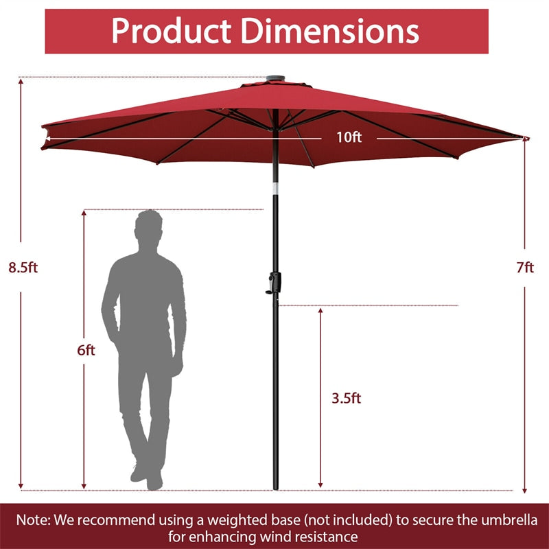 10FT Lighted Patio Umbrella Outdoor Table Market Umbrella with 112 Solar Lights Crank Lifting Handle Tilt System