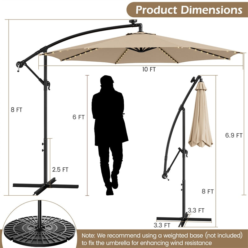 10FT Solar Lighted Cantilever Umbrella Offset Patio Umbrella with 112 Solar Lights 8 Ribs Adjustable Crank Tilt