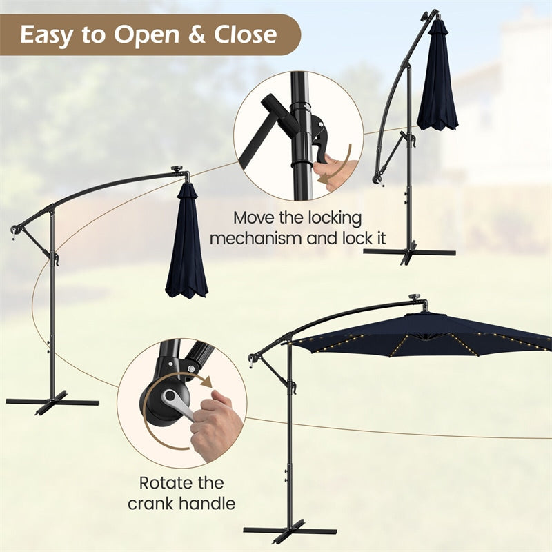 10FT Solar Lighted Cantilever Umbrella Offset Patio Umbrella with 112 Solar Lights 8 Ribs Adjustable Crank Tilt