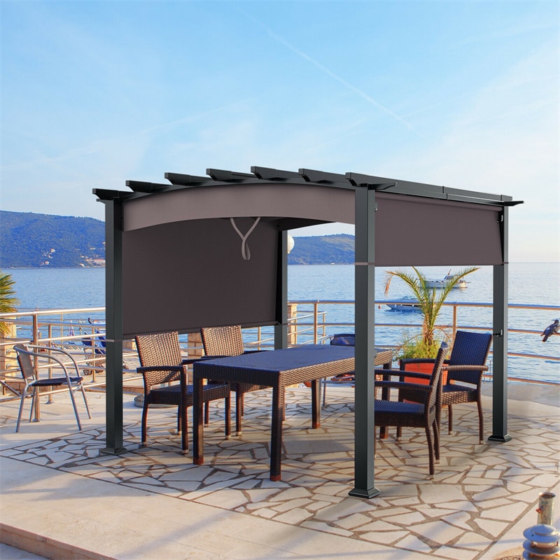 10' x 10' Outdoor Metal Pergola Patio Gazebo with Sliding Sun Shade Retractable Canopy