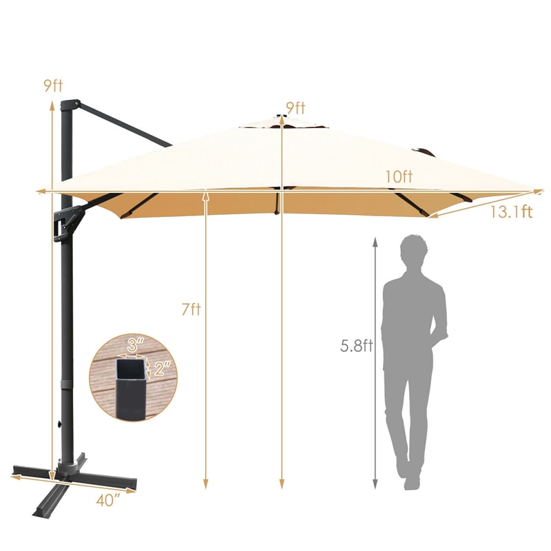 10' x 13' Rectangular Outdoor Cantilever Umbrella Offset Patio Umbrella with 360° Rotation Function