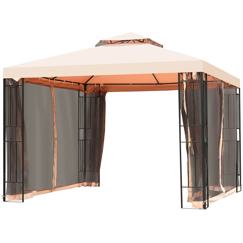 10' x 10' 2 Tier Vented Steel Frame Patio Gazebo Canopy with Netting Curtain