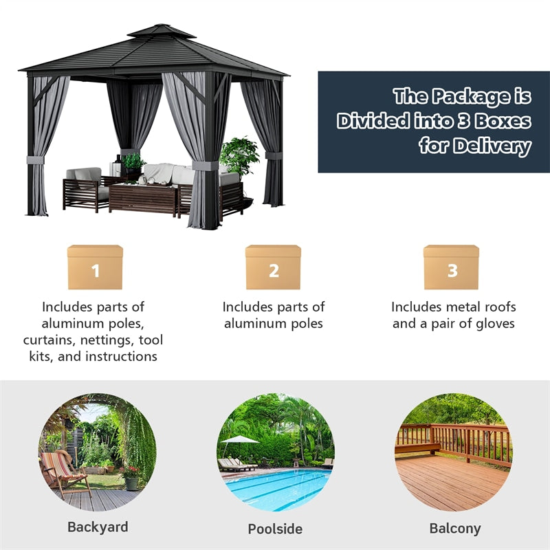 10 x 10FT Double-Top Outdoor Hardtop Gazebo with Galvanized Steel Roof & Netting Curtains