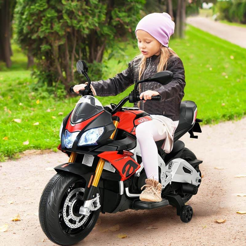 12V Aprilia Kids Electric Toddler Ride-On Motorbike with Training Wheels
