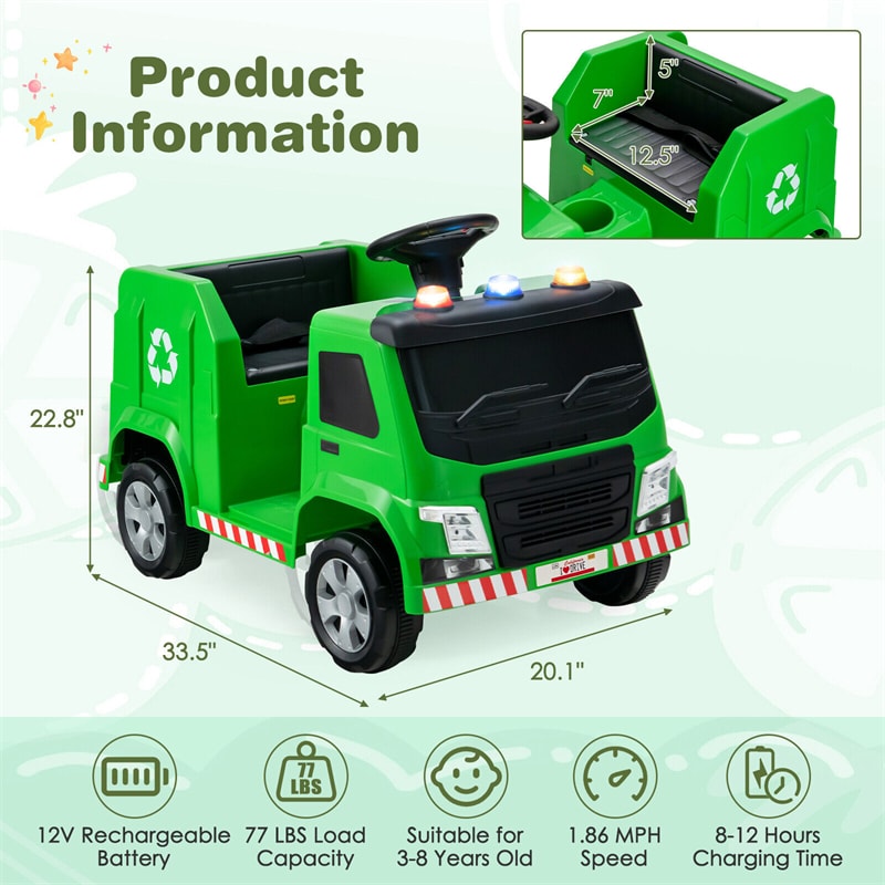 Kids Recycling Garbage Truck 12V Battery Powered Electric Ride-On Car Trash Truck with Remote Control & Recycling Accessories