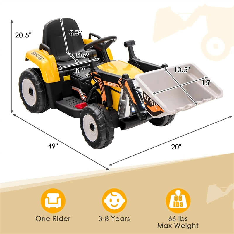 12V Kids Ride-On Excavator Tractor Car Electric Construction Vehicle with Adjustable Digging Bucket & Remote Control