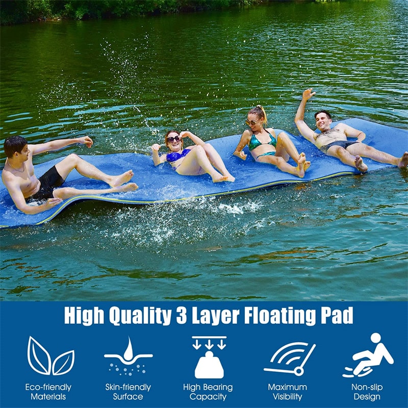 12' x 6' Floating Water Pad 3 Layer Tear-Resistant XPE Foam Water Mat Roll-Up Floating Island for Lake Pool with Mooring Device, Hook- Loop Straps