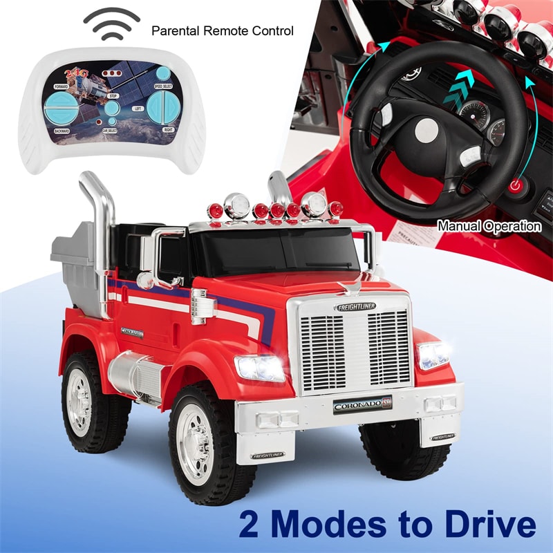 Electric Car for Kids 12V Licensed Freightliner Ride on Dump Truck with Remote Control & Rear Loader