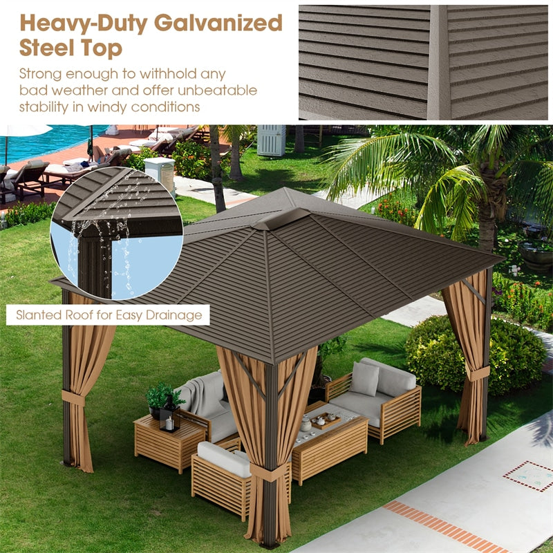 12 x 10ft Double-Top Outdoor Hardtop Gazebo with Galvanized Steel Top & Netting Curtains for Backyard