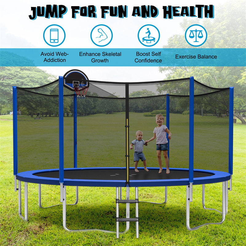 14FT Outdoor Recreational Trampoline Combo Bounce Jump Trampoline with Enclosure Net Basketball Hoop Non-Slip Ladder
