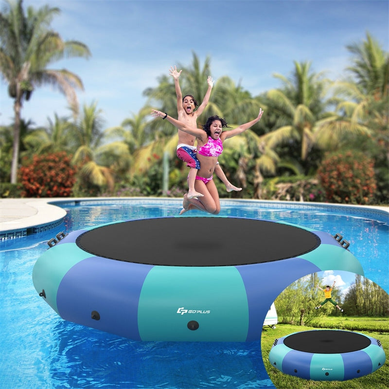 15FT Inflatable Water Trampoline Recreational Water Bouncer with 500W Electric Inflator & 3-Step Rope Ladder, Floating Trampoline for Lakes Pools