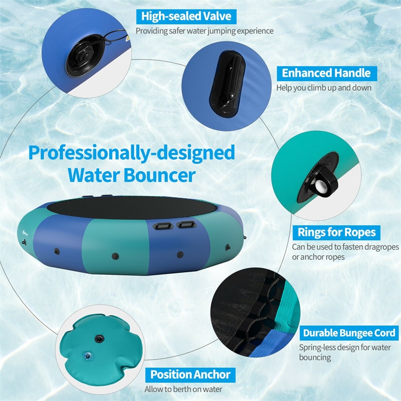 15 FT Inflatable Water Trampoline Recreational Water Bouncer with 500W Blower & 3-Step Rope Ladder