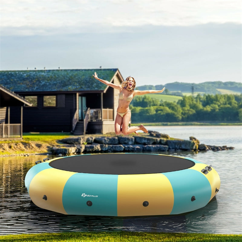 15FT Inflatable Water Trampoline Recreational Water Bouncer with 500W Electric Inflator & 3-Step Rope Ladder, Floating Trampoline for Lakes Pools