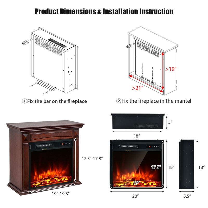 18" Electric Fireplace Insert, 1500W Recessed Wall-Mounted Freestanding Fireplace Heater with Remote, Adjustable Flame, Temperature, Timer, Thermostat