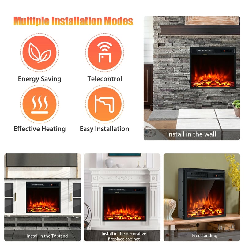 18" Electric Fireplace Insert, 1500W Recessed Wall-Mounted Freestanding Fireplace Heater with Remote, Adjustable Flame, Temperature, Timer, Thermostat