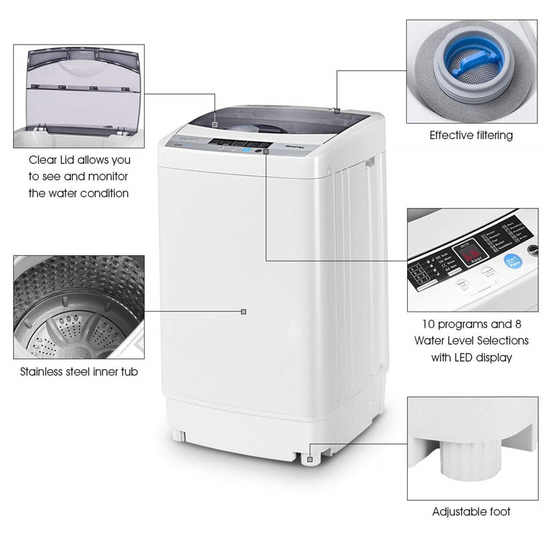 Full-Automatic Portable Washing Machine 1.34 Cu.ft Compact Top-Load Washer Spin Dryer Combo with Drain Pump & LED Display