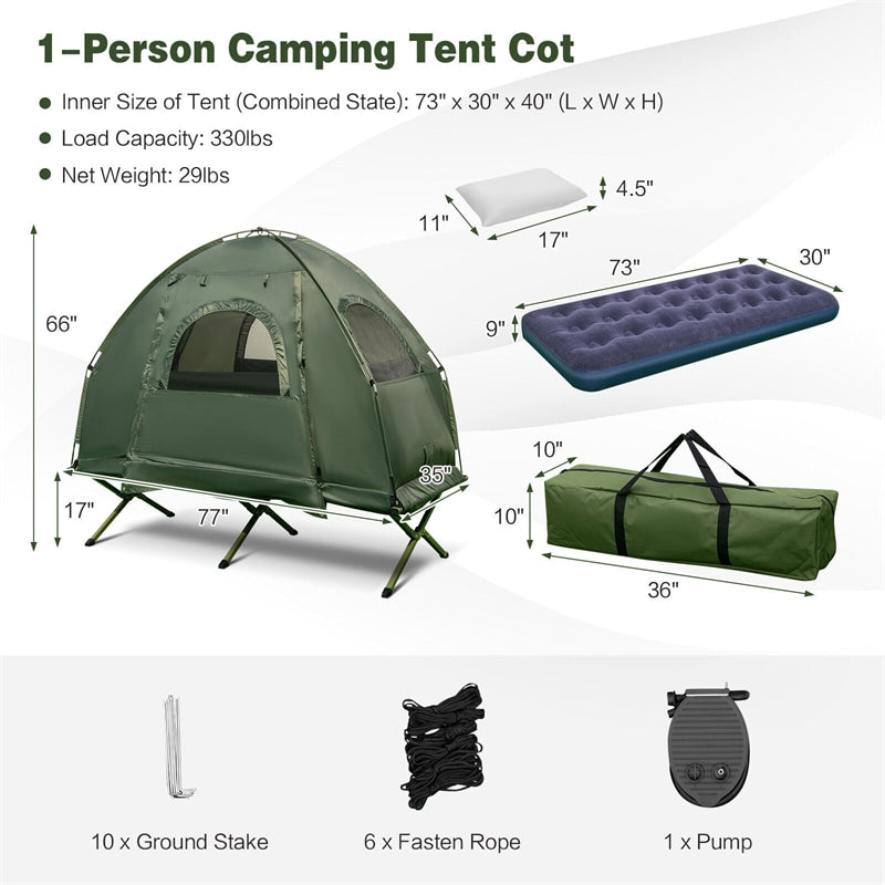 5-in-1 Tent Cot 1-2 Person Portable Camping Tent Combo Off-Ground Elevated Folding Cot Tent with Awning, Air Mattress, Sleeping Bag & Carrying Bag