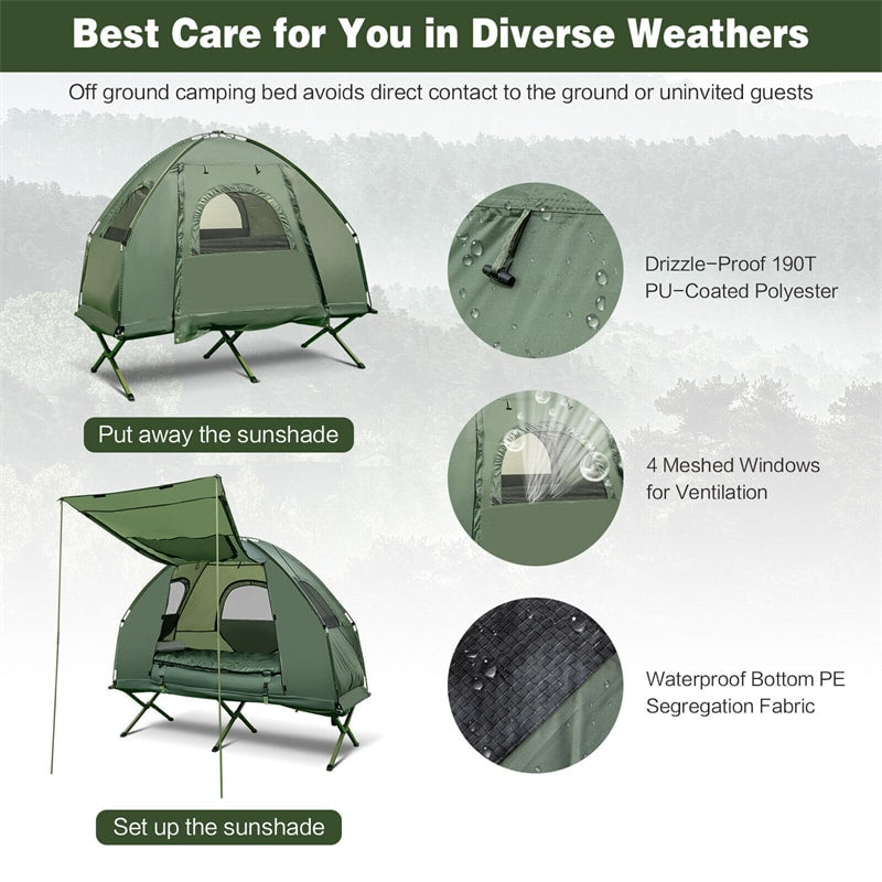 5-in-1 Tent Cot 1-Person Portable Camping Tent Combo with Awing Air Mattress & Sleeping Bag