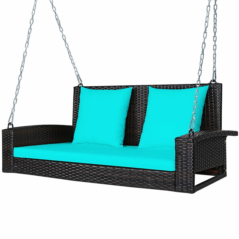 2-Person Outdoor Wicker Hanging Porch Swing Bench with Seat & Back Cushions