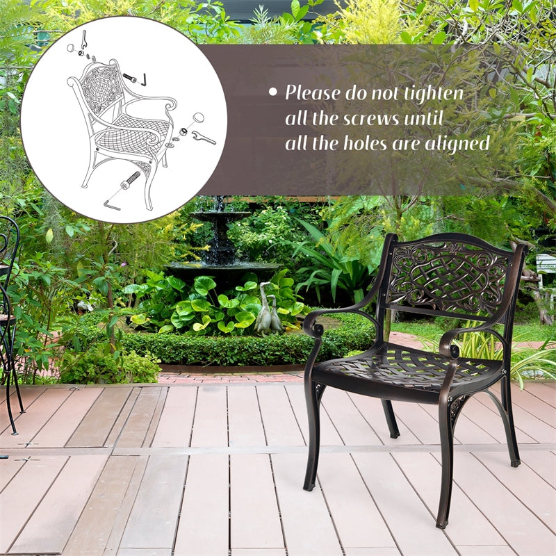 2-Piece Cast Aluminum Patio Bistro Chairs Outdoor Armchairs with Curved Seats & Armests