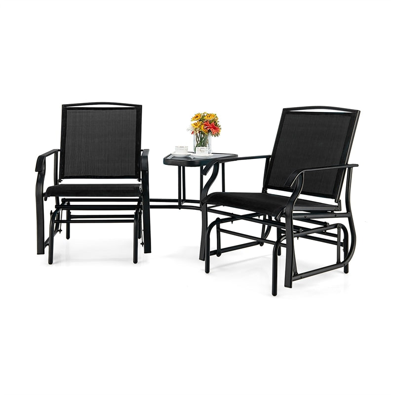 Bestoutdor Double Glider Chairs 2-Seat Steel Patio Rocking Chair with Glass Table & Umbrella Hole