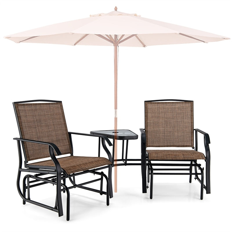 Bestoutdor Double Glider Chair 2-Seat Steel Patio Rocking Chair with Glass Table & Umbrella Hole