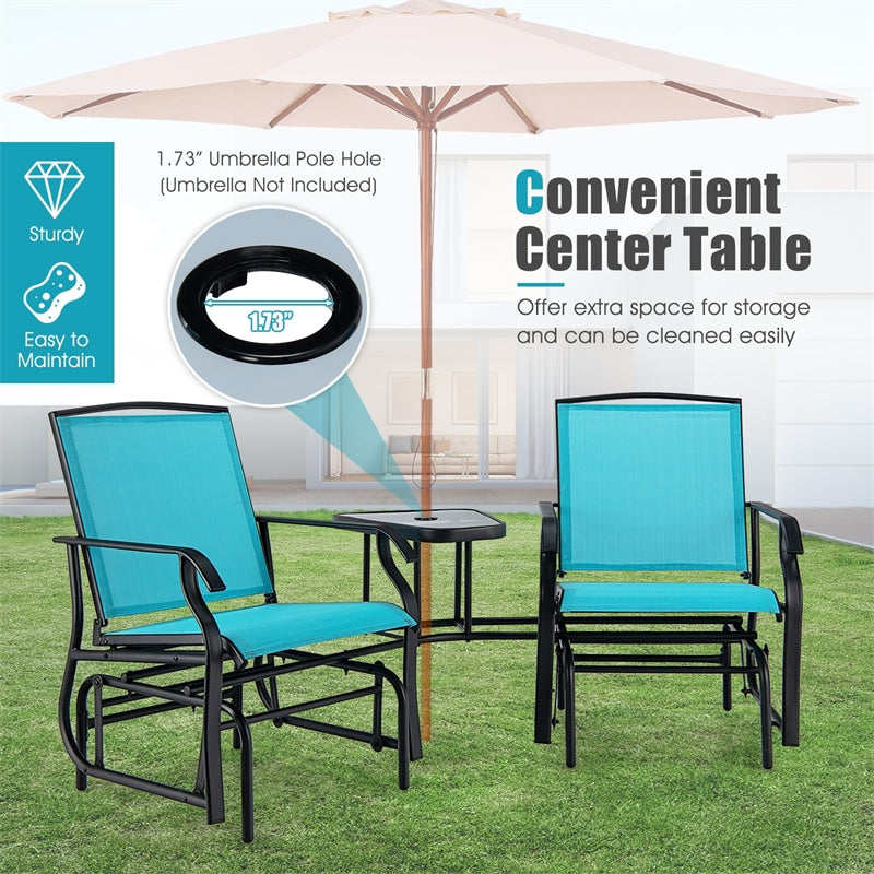 Bestoutdor Double Glider Chair 2-Seat Steel Patio Rocking Chair with Glass Table & Umbrella Hole