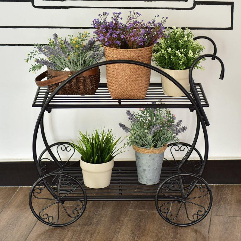 2-Tier Parisian Style Metal Garden Plant Stand with 4 Decorative Wheels - Bestoutdor