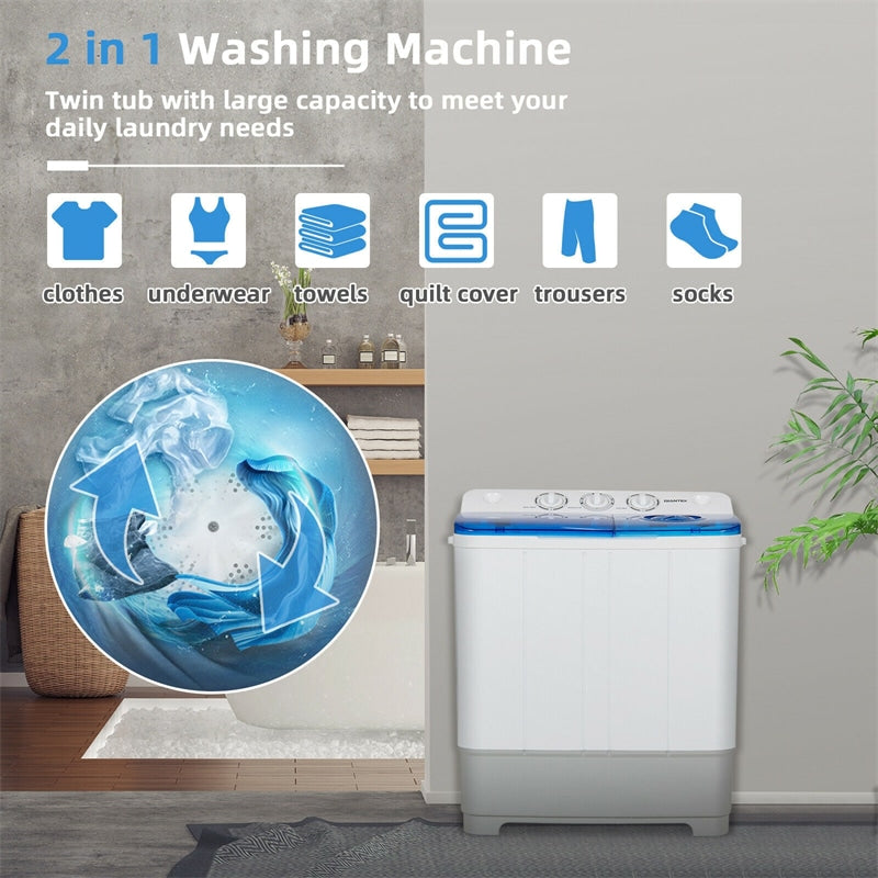 Portable Washing Machine 2-in-1 Mini Compact Twin Tub Laundry Washer Spin Dryer Combo 22LBS Capacity with Timer Control