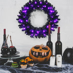 24 Inch Pre-lit Black Halloween Wreath with 35 Purple LED Lights
