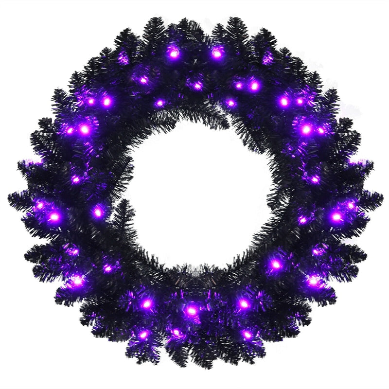 24 Inch Pre-lit Black Halloween Wreath with 35 Purple LED Lights