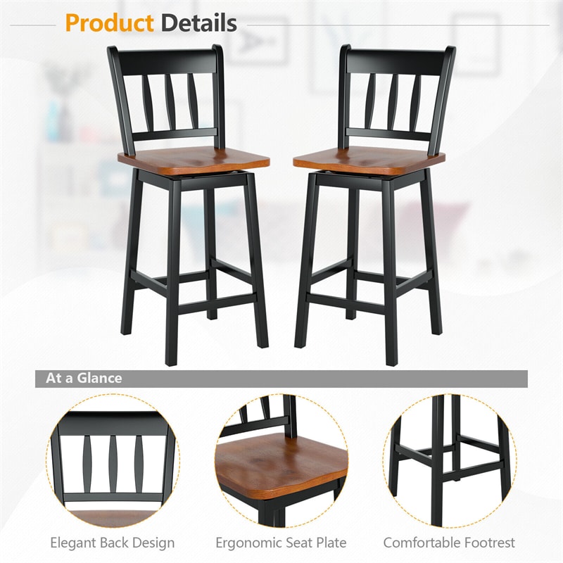 24.5" Swivel Bar Stools Set of 2 Solid Rubber Wood Counter Height Bar Chairs with Footrests for Kitchen Counters Pub