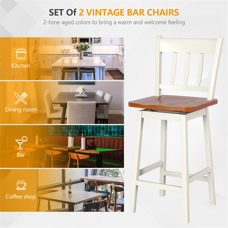 24.5" Swivel Bar Stools Set of 2 Solid Rubber Wood Counter Height Bar Chairs with Footrests for Kitchen Counters Pub