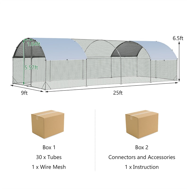 25FT Large Metal Chicken Coop, Galvanized Walk-in Chicken Run with Waterproof Cover, Dome Poultry Cage Hen Run House Rabbits Habitat for Backyard Farm
