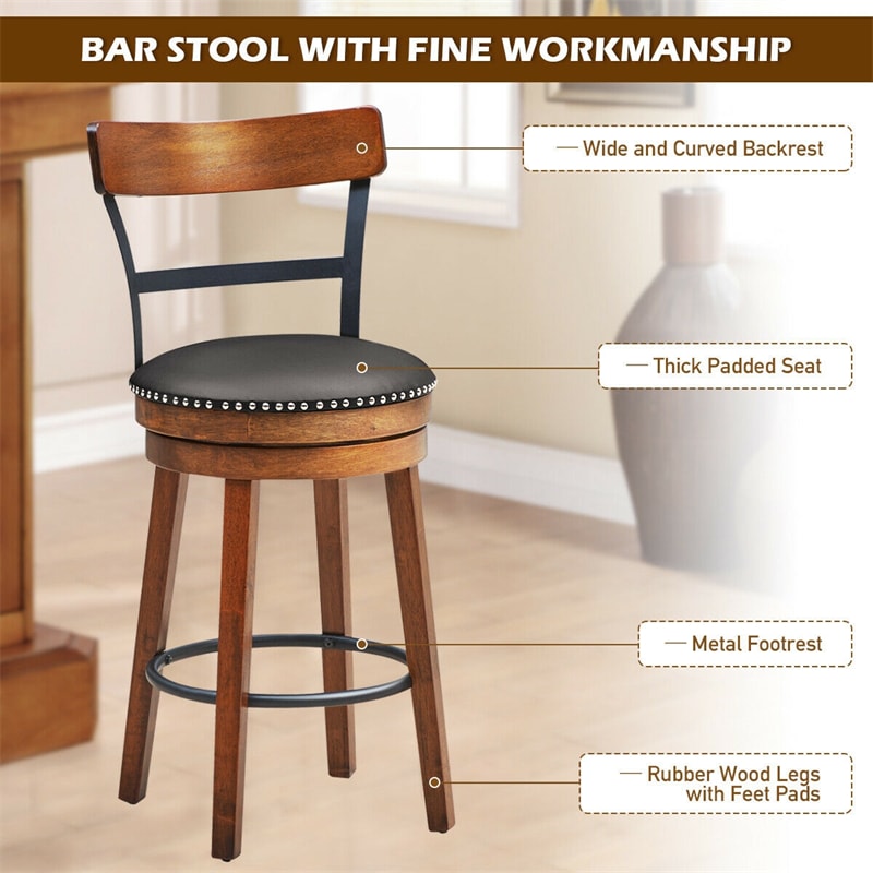 25.5" Swivel Bar Stools Set of 2 Counter Height Dining Chairs with Leather Padded Seats & Ergonomic Backrests
