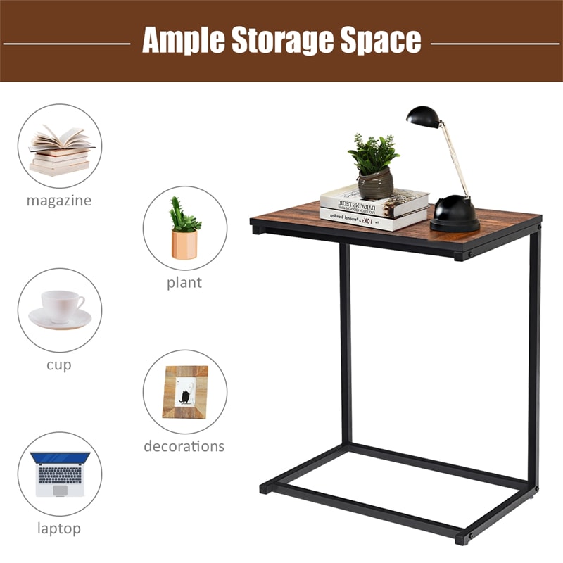 Sofa Side Table, C-Shaped End Table with Wooden Top & Steel Frame, Vintage Couch Table for Coffee, Laptop, Snack, Living Room TV Tray Table