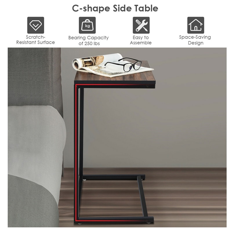 Sofa Side Table, C-Shaped End Table with Wooden Top & Steel Frame, Vintage Couch Table for Coffee, Laptop, Snack, Living Room TV Tray Table