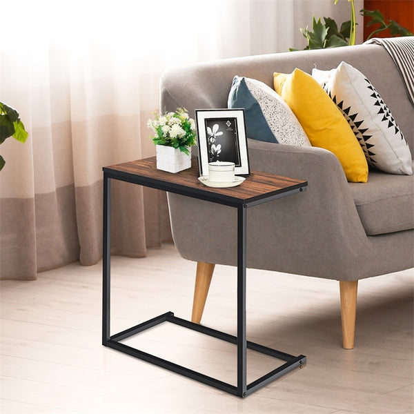 Sofa Side Table, C-Shaped End Table with Wooden Top & Steel Frame, Vintage Couch Table for Coffee, Laptop, Snack, Living Room TV Tray Table