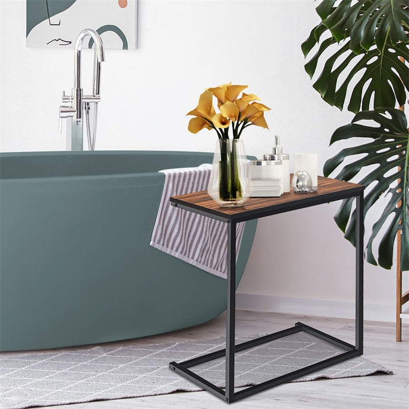 Sofa Side Table, C-Shaped End Table with Wooden Top & Steel Frame, Vintage Couch Table for Coffee, Laptop, Snack, Living Room TV Tray Table